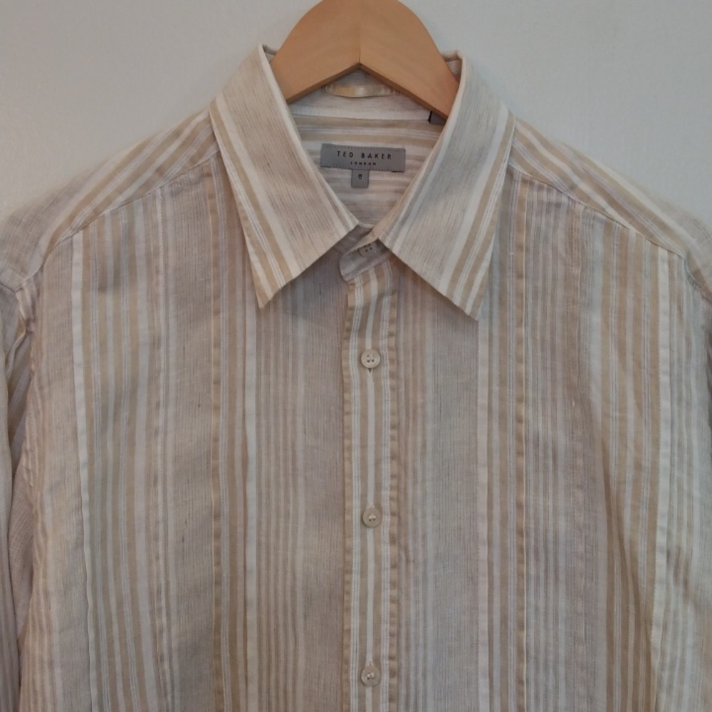 Ted Baker Linen Cream and White Striped Long-Sleeve Shirt US Medium = AU/UK 5